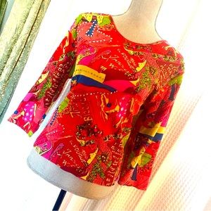 80s Vintage Goddess French Paris print graphic feminine midi sleeve sequins top